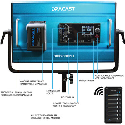 Dracast X Series LED2000 Panel LED Bicolor 3200-5600K 3101 Lux con Difusor y Estuche
