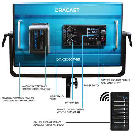 Dracast X Series LED2000 Panel LED RGB 3867 Lux 20.25x12.25 con Estuche y Filtro Diffusion