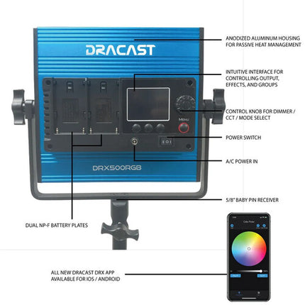 Dracast X Series LED500 Panel LED RGB 8x8" Kit 3 Luces Control App 2800-8000K