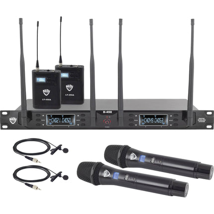 Nady D-450-HT-LT Sistema Inalámbrico Digital Cuatro Personas con 2 Micrófonos de Mano y Lavalier 300ft Alcance 10 Horas Batería