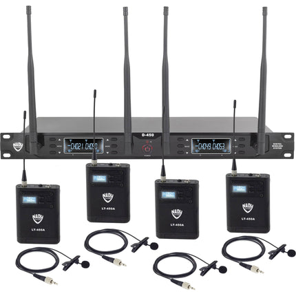 Nady D-450-LT Sistema de Micrófono Lavalier Digital Inalámbrico 4 Canales 300 ft Alcance 10 Horas Batería