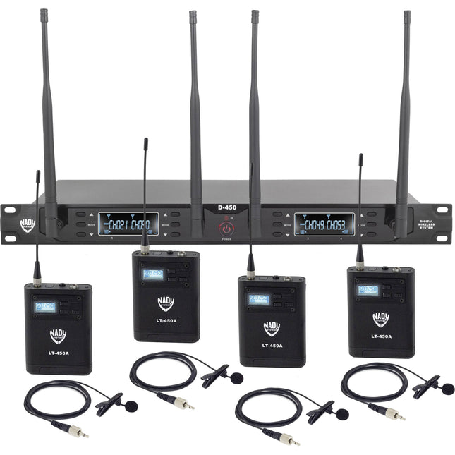 Nady D-450-LT Sistema de Micrófono Lavalier Digital Inalámbrico 4 Canales 300 ft Alcance 10 Horas Batería