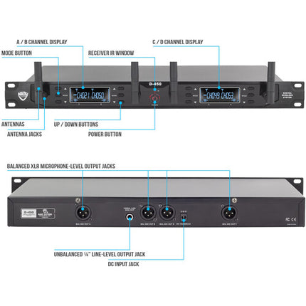 Nady D-450-HT Sistema de Micrófono Inalámbrico Digital de 4 Canales 300 Pies Alcance 10 Horas Batería