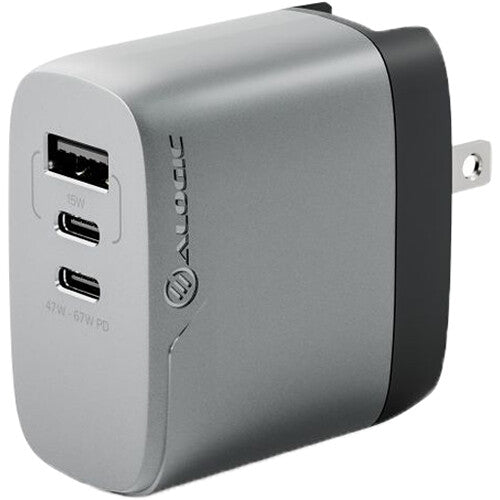 ALOGIC Rapid Power Cargador GaN 3 Puertos 67W con Cable USB-C 2m y Adaptadores de Viaje