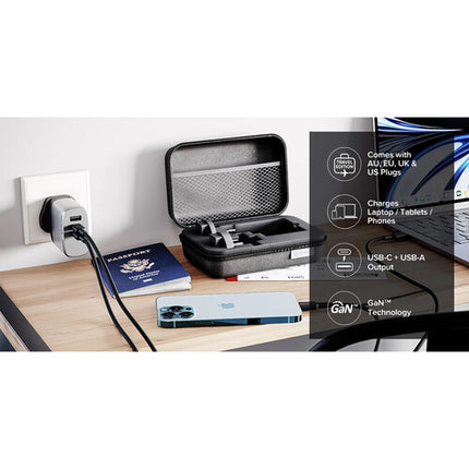 ALOGIC Rapid Power Cargador GaN 3 Puertos 67W con Cable USB-C 2m y Adaptadores de Viaje