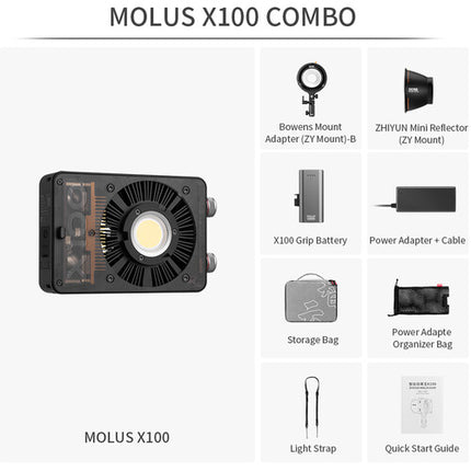 Zhiyun MOLUS X100 Luz LED Bi Color Portátil 3881 Lux 2700-6500K Combo Kit