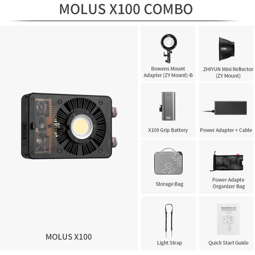 Zhiyun MOLUS X100 Luz LED Bi Color Portátil 3881 Lux 2700-6500K Combo Kit