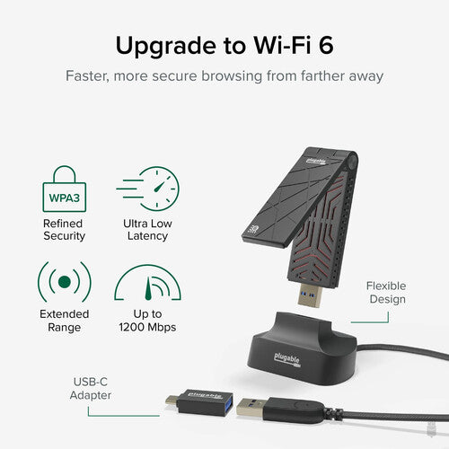Plugable AX1800 Adaptador Inalámbrico Wi-Fi 6 USB-C Dual Band 1201 Mb/s