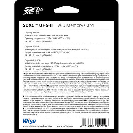 Wise Advanced Tarjeta de Memoria SDXC 128GB UHS-II 290MB/s V60 Class 10