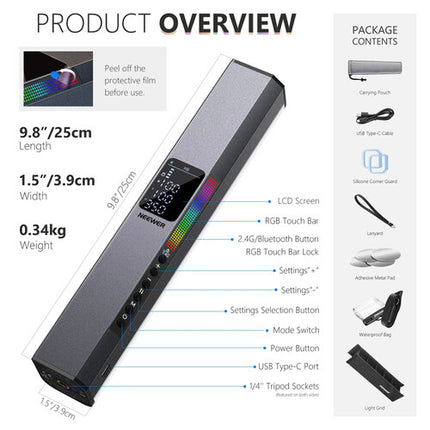 Neewer RGB1 Barra LED Magnética Portátil 9.8" 800 Lux 3200-5600K incluida funda impermeable