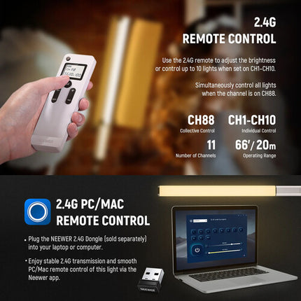 Neewer CL124 Pro Varilla LED bicolor 5600K 600 Lux con control remoto y accesorios