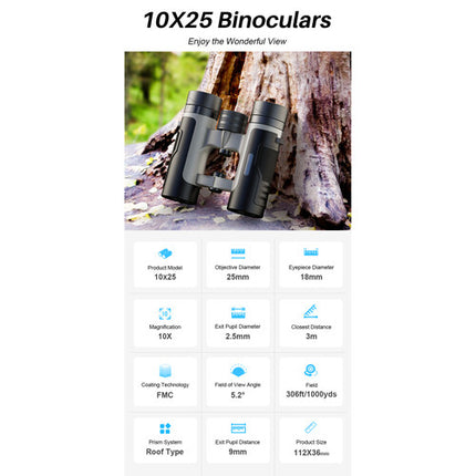 Apexel 10x25 Prismáticos Techo Compactos con BAK4 y Lentes Multirrevestidas
