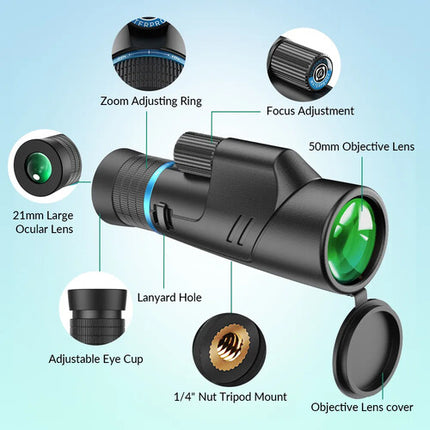 Apexel 10-20x50 Monocular Zoom 50mm Lente Nitrogeno Impermeable
