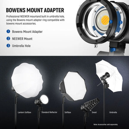 Neewer MS60B Bi-Color Luz LED Monolight 40000 Lux 2700-6500K con Reflector y Adaptador Bowens