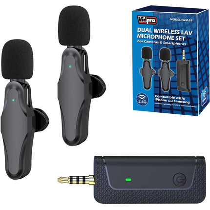 Vidpro WM-35 Sistema de Micrófono Inalámbrico Doble Canal 60ft Alcance 5h Batería