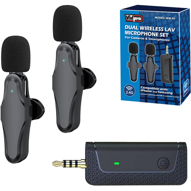 Vidpro WM-35 Sistema de Micrófono Inalámbrico Doble Canal 60ft Alcance 5h Batería