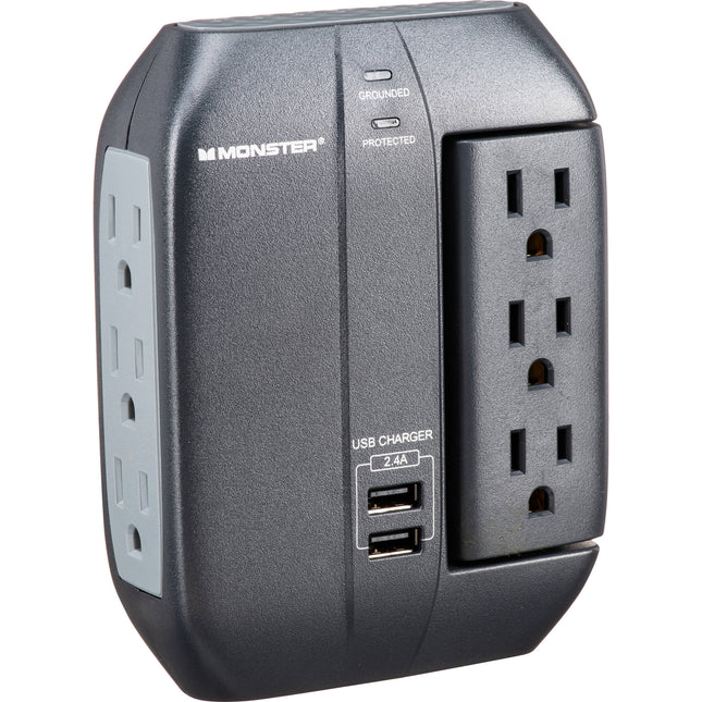 Monster Cable Protector Contra Sobretensiones Pared 6 Enchufes 2 USB 450 Julios Negro