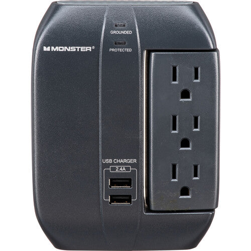 Monster Cable Protector Contra Sobretensiones Pared 6 Enchufes 2 USB 450 Julios Negro