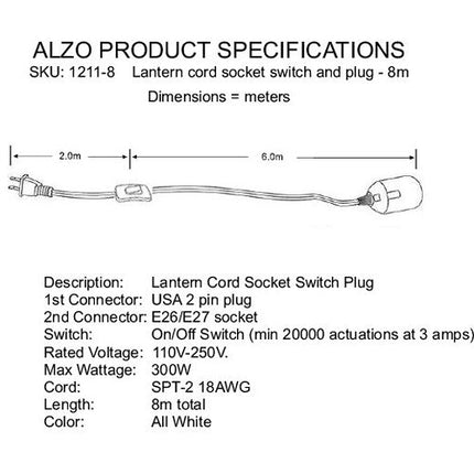 ALZO China Ball Lámpara China 18 Pulg E27 con Interruptor y Gancho T-Bar
