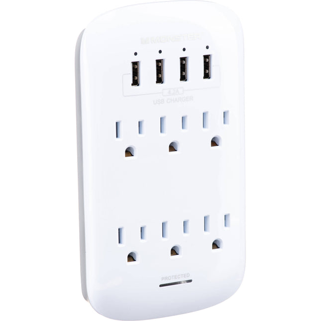 Monster Cable Wall Tap Protector Contra Sobretensión 6 Enchufes 4 USB 980 Julios Blanco