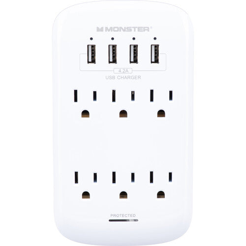 Monster Cable Wall Tap Protector Contra Sobretensión 6 Enchufes 4 USB 980 Julios Blanco