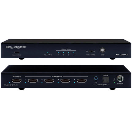 Key Digital 1x4 Distribuidor HDMI 4K60 con De-Embedding de Audio y Down Conversion 1080p