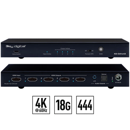 Key Digital 1x4 Distribuidor HDMI 4K60 con De-Embedding de Audio y Down Conversion 1080p