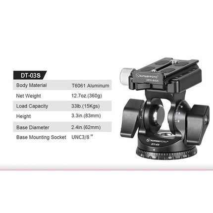Sunwayfoto DT-03S Cabezal Inclinable con Liberación Rápida Arca Tipo Capacidad 15kg Altura 8.4cm