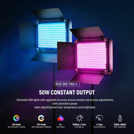 Neewer Upgraded 660 PRO II RGB Panel LED Kit Doble 660 Lux 9x8" 6.6' Soportes