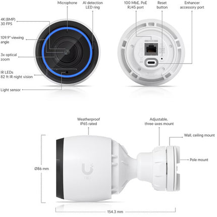 Ubiquiti UniFi G5 Cámara de Red Exterior Profesional 4K UHD 3840x2160 82' Visión Nocturna