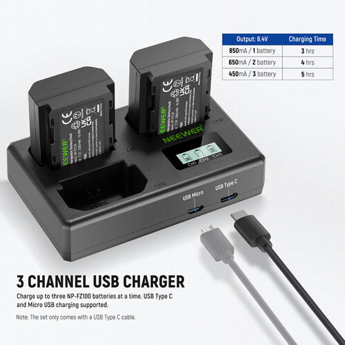 Neewer NP-FZ100 Baterías Recargables 3-Pack 2280mAh con Cargador LCD