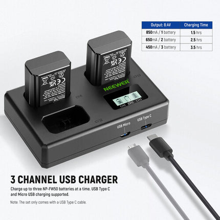 Neewer NP-FW50 Kit Cargador y 3 Baterías Recargables 1100mAh para cámaras Sony