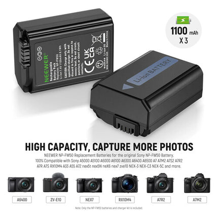 Neewer NP-FW50 Kit Cargador y 3 Baterías Recargables 1100mAh para cámaras Sony