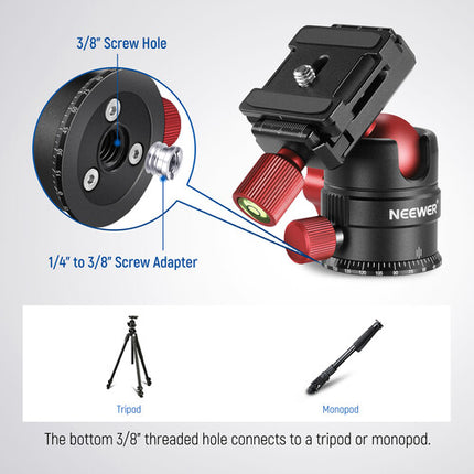 Neewer GM28 Cabezal Panorámico Bola Rojo Capacidad 11 lb Altura 3" Adaptador