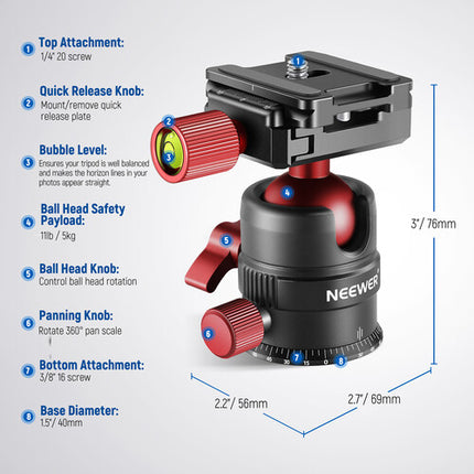Neewer GM28 Cabezal Panorámico Bola Rojo Capacidad 11 lb Altura 3" Adaptador
