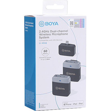 BOYA BY-M1V6 Sistema de Micrófono Inalámbrico Doble para iOS con 6 Horas de Batería y 60 m de Alcance