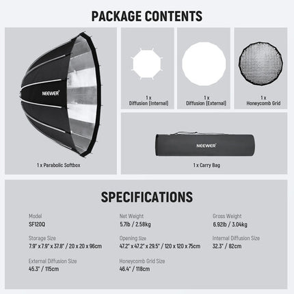 Neewer Parabolic Softbox 47.2" con Montura Bowens Rejilla de Tela