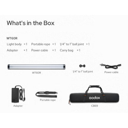 Godox WT60R Luz Tubular RGB Sumergible 25" 131' Profundidad 2h Autonomía con Bolsa y Adaptador