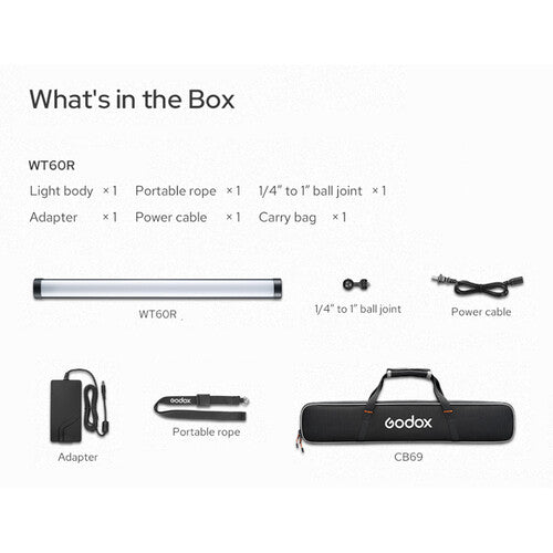 Godox WT60R Luz Tubular RGB Sumergible 25" 131' Profundidad 2h Autonomía con Bolsa y Adaptador