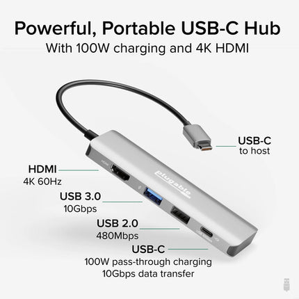 Plugable 4-en-1 Hub USB-C 100W HDMI 4K 60Hz y Carga Pass-Through