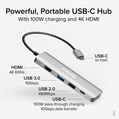 Plugable 4-en-1 Hub USB-C 100W HDMI 4K 60Hz y Carga Pass-Through
