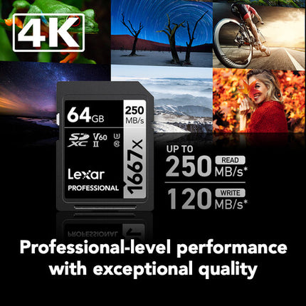 Lexar 64GB Tarjeta de Memoria SDXC UHS-II 250 MB/s Velocidad de Lectura