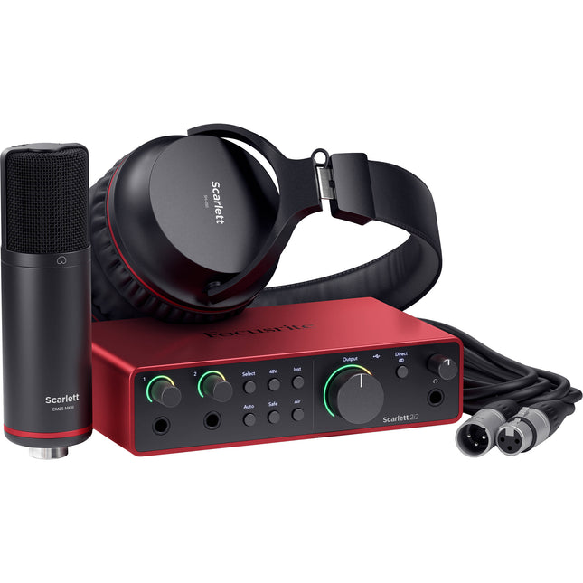 Focusrite Scarlett 2i2 Studio Interfaz de Audio USB-C 24-Bit 192 kHz con Micrófono Cardioide y Auriculares Cerrados