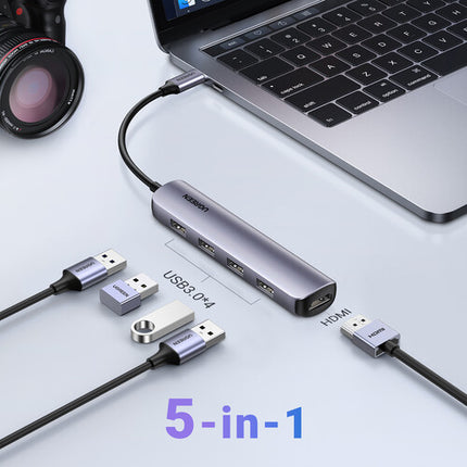 UGREEN 5-en-1 Hub USB-C Plata 4 Puertos USB 3.2 HDMI 4K