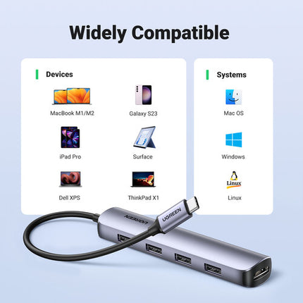UGREEN 5-en-1 Hub USB-C Plata 4 Puertos USB 3.2 HDMI 4K