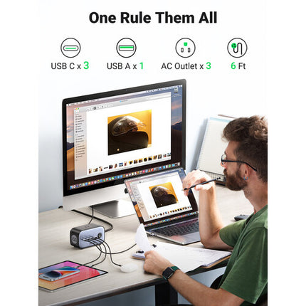 UGREEN 100W USB-C GaN Estación de Carga 7 en 1 con 3 Salidas AC y 4 Puertos USB