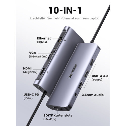 UGREEN 10-en-1 Hub USB-C con HDMI 4K VGA Gigabit Ethernet 100W PD