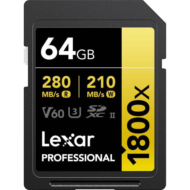 Lexar 64GB SDXC Profesional 1800x UHS-II V60 Velocidad 280MB/s 2-Pack