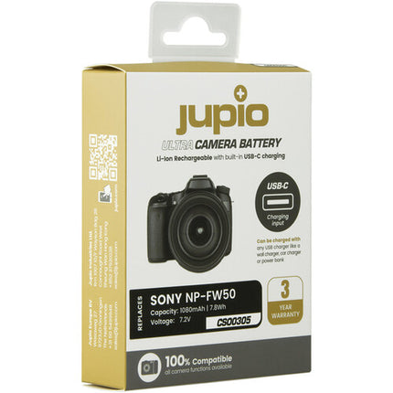 Jupio NP-FW50 Batería Ultra C con puerto USB-C para cámaras Sony y cable incluido