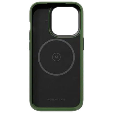 Funda Moment MagSafe para iPhone 15 Pro Verde Oliva Protección 3 metros y botón metálico